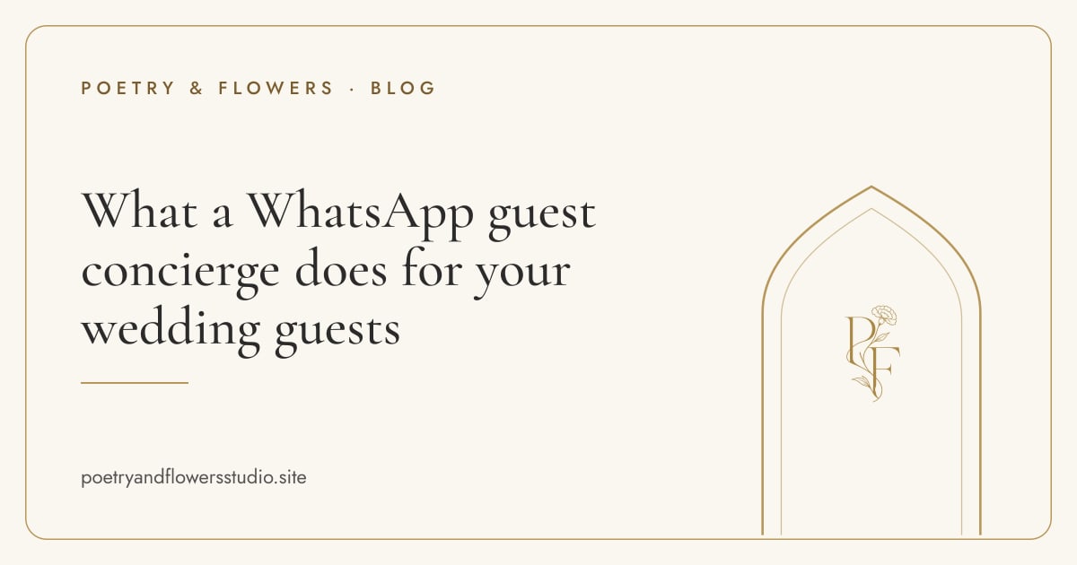 Ivory cover with a gold arch and our monogram, titled: What a WhatsApp guest concierge does for your wedding guests