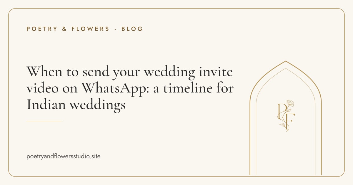 Ivory cover with a gold arch and our monogram, titled: When to send your wedding invite video on WhatsApp: a timeline for Indian weddings