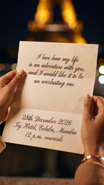 A hand-written letter held up in front of the Eiffel Tower at night: the save the date from the Prachi & Harsh sample film.